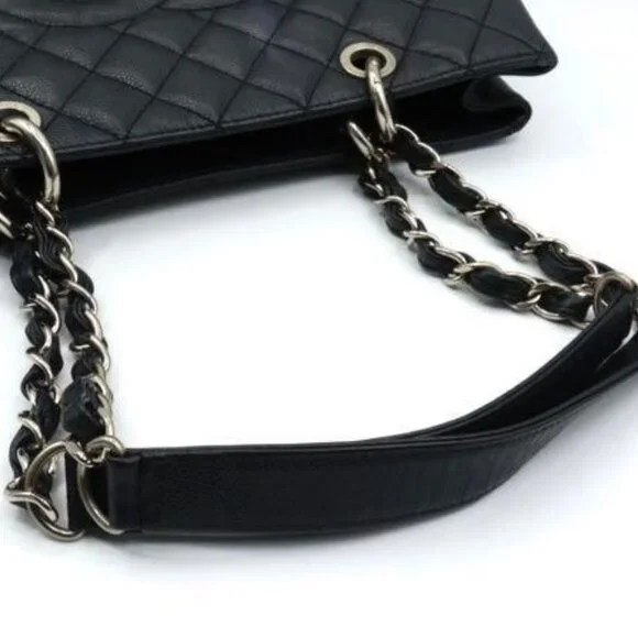 Authentic CHANEL GST Caviar Grand Shopping Tote Quilted Chain Shoulder Bag Purse